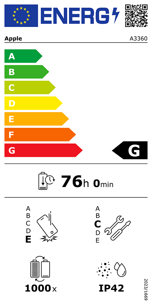 EU-energimærke, QR-kode og information, Apple-model A3360, klasse G, energieffektivitetsklasser (med en skala fra A til G), A (mest effektiv) til G (mindst effektiv), batteriholdbarhed pr. cyklus: 76 timer og 0 minutter pr. fuld batteriopladning, klasse E for holdbarhed ved gentagne frie fald, A (mest robust) til E (mindst robust), klasse C for reparerbarhed, A (mest reparerbar) til E (mindst reparerbar), batteriholdbarhed på 1000 cyklusser, IP-klassificering for støv- og vandbeskyttelse: IP42, forordning 2023/1669