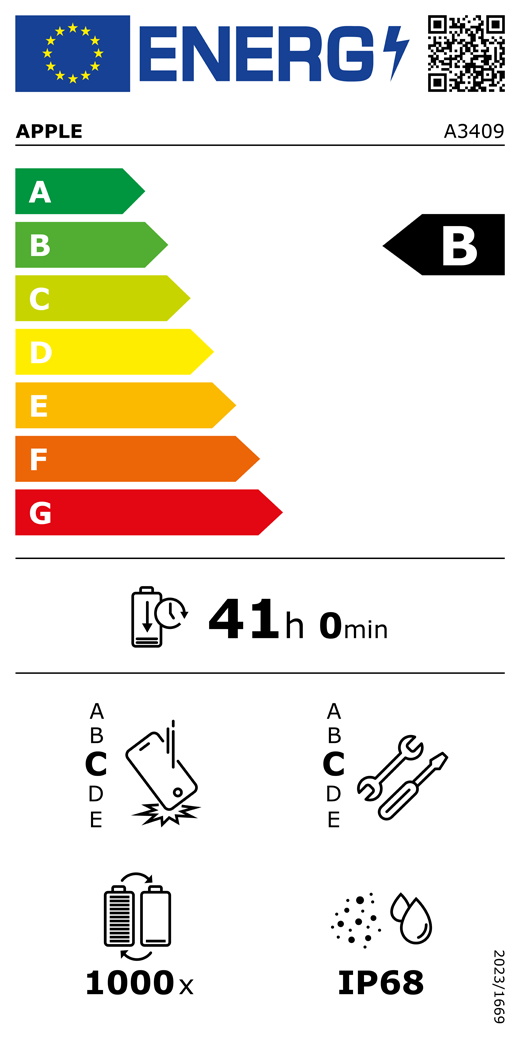 Código QR e información de la etiqueta energética de la UE, modelo A3409 de Apple, clase B, clases de eficiencia energética (con una escala de la A a la G), de la A (la más eficiente) a la G (la menos eficiente), duración de la batería por ciclo, 41 horas y 0 minutos por carga completa de la batería, fiabilidad en caídas repetidas de clase C, de la A (la más robusta) a la E (la menos robusta), reparabilidad de clase C, de la A (la más reparable) a la E (la menos reparable), 1.000 ciclos de carga de la batería, grado de protección contra la entrada de polvo y agua (IP) IP68, normativa 2023/1669.