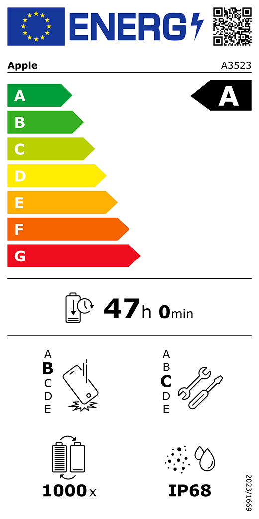 Etichetta energetica UE, codice QR e informazioni, modello Apple A3523, classe A, classi di efficienza energetica (con scala da A a G), da A (efficienza massima) a G (efficienza minima), autonomia della batteria per ciclo corrispondente a 47 ore e 0 minuti per ogni carica completa, classe di affidabilità B in caso di caduta libera ripetuta, da A (robustezza massima) a E (robustezza minima), classe di riparabilità C, da A (riparabilità massima) a E (riparabilità minima), durata della batteria 1000 cicli, protezione dall’ingresso di polvere e acqua (IP) di grado IP68, regolamento 2023/1669.