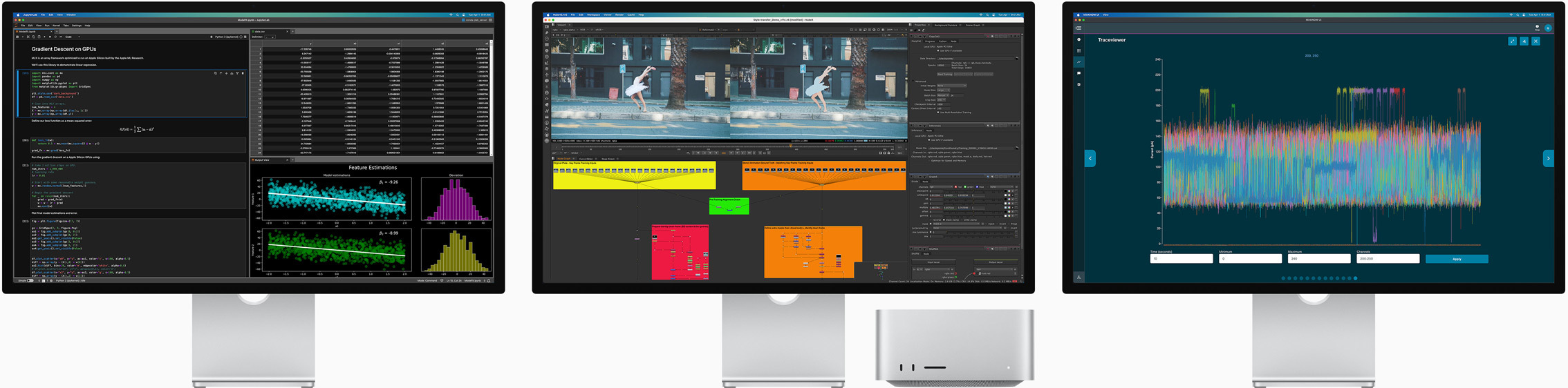 Mac Studio og tre Studio Displays, alle med forskellige macOS-apps på skærmen