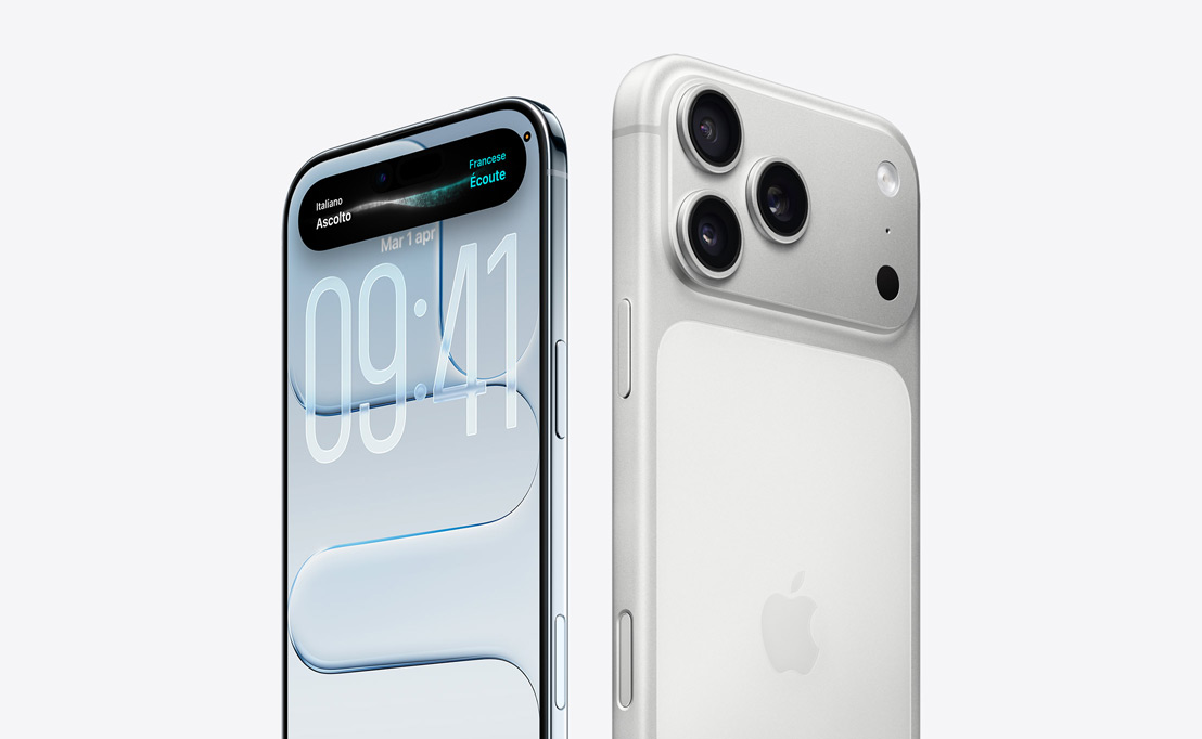 iPhone Air mostrato di fronte, display Liquid Glass e Dynamic Island, bordo sottile in titanio; iPhone 17 Pro mostrato da dietro, sistema di fotocamere Pro nell’angolo in alto a sinistra