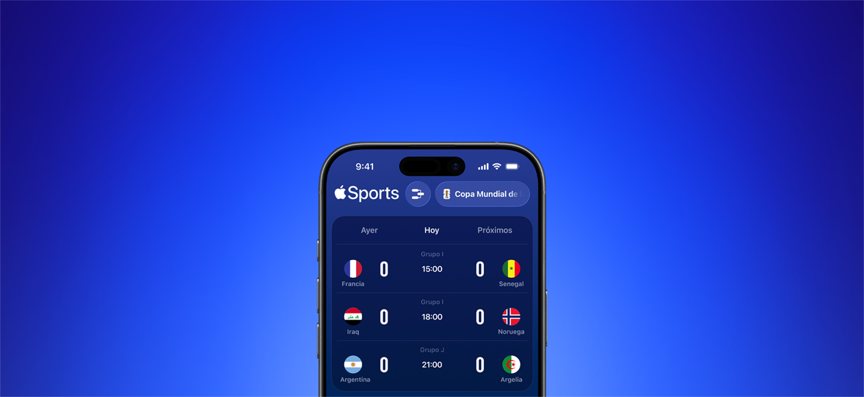 App Apple Sports en un iPhone que muestra los partidos del día de la Copa Mundial de la FIFA 2026, pestaña Hoy seleccionada