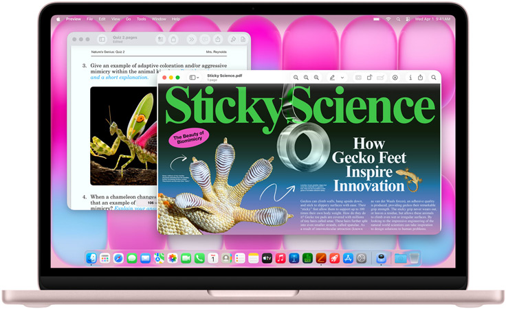 MacBook Neo, couleur rose poudré, l’écran affiche un article sur le biomimétisme et un questionnaire sur un sujet similaire