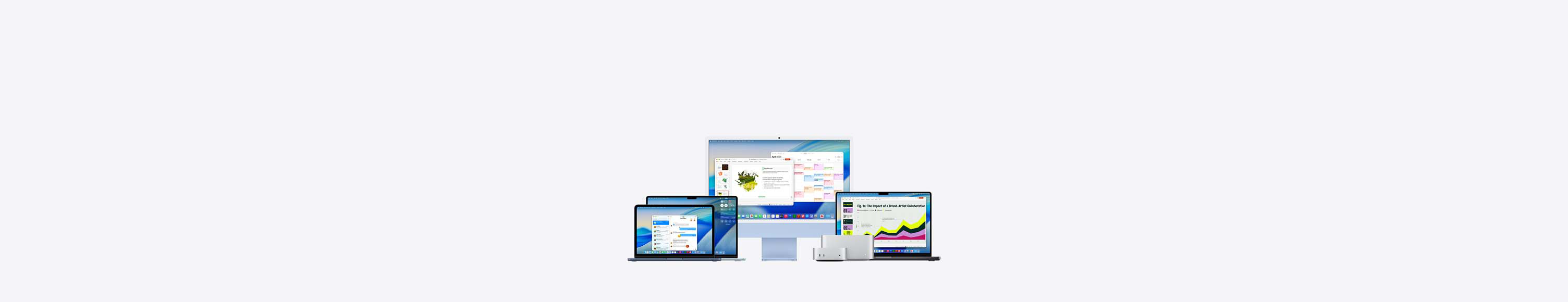 Familia de productos Mac de Apple sobre fondo gris claro, al centro se muestra una iMac azul con una presentación de Pages y la app Calendario abiertos, a la izquierda, dos MacBook apiladas muestran la app Mensajes, a la derecha, una MacBook Pro con una presentación con gráficas de colores, al frente y al centro, una Mac mini en color plata