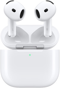 Otvorena kutijica za punjenje slušalica AirPods 4 koja prikazuje slušalice AirPods kako lebde iznad.