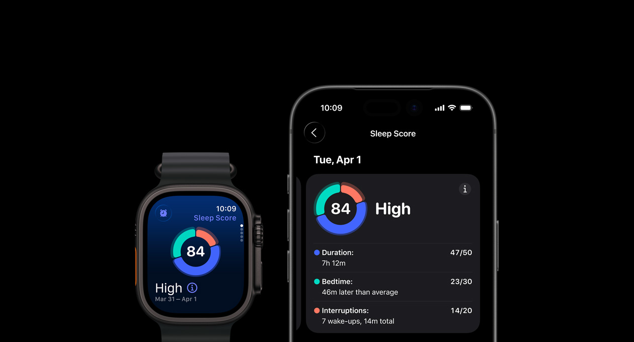 Søvnresultat med cirkeldiagram og vurdering på Apple Watch Ultra 3, fuld analyse åben på forbundet iPhone