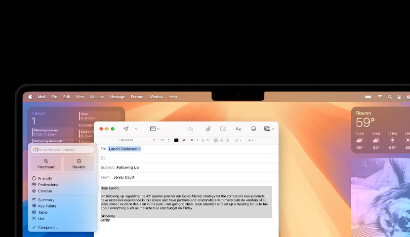 Un desktop Mac con un’email di lavoro e un messaggio di Apple Intelligence. Dietro la finestra dell’email c’è il widget dell’app Calendario.