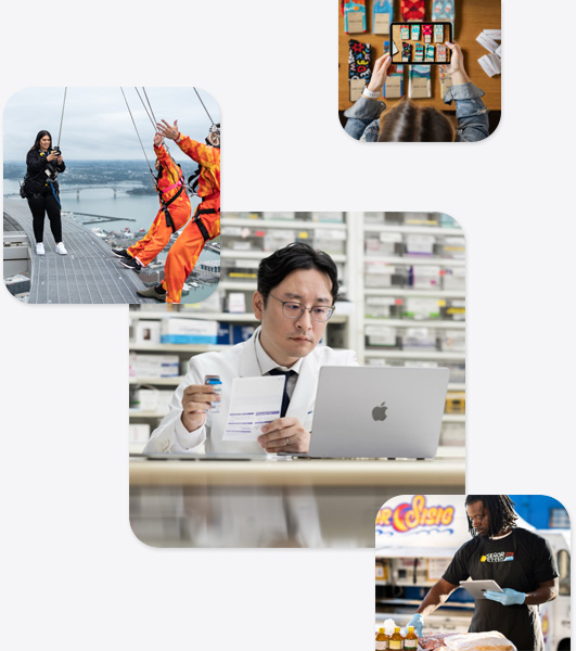 Forskellige mindre virksomhedsejere, herunder en apoteker i en laboratoriekittel, som bruger en MacBook, en bungee jumping-instruktør, der tager et billede med iPhone af to personer, der skal til at springe, en mand, der holder en iPad, mens han håndterer madvarer, og en kvinde, der tager et billede med iPad af strømper, som ligger på et bord.