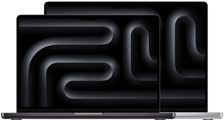 MacBook Pro Laptops, ein kleineres vor einem grösseren, geöffnet, die Hintergründe sind schwarz-silber mit geometrischem Design.