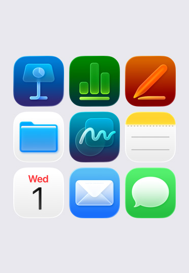Symbole für Apple Apps, angeordnet in einem 3x3-Raster, darunter: Keynote, Numbers, Pages, Dateien, Notizen und Kalender.