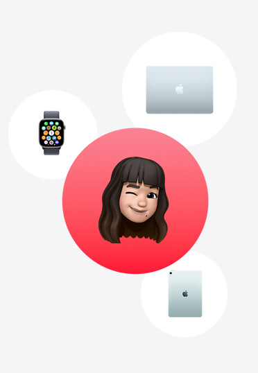 Apple Watch, MacBook, iPad, platziert um ein Memoji in einem roten Kreis.