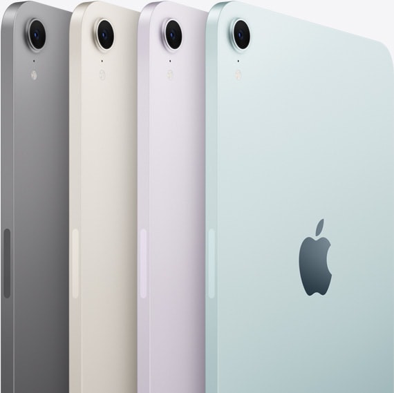 Vista trasera y de la cámara de cuatro iPad mini en los colores disponibles: gris espacial, blanco estrella, púrpura y azul.