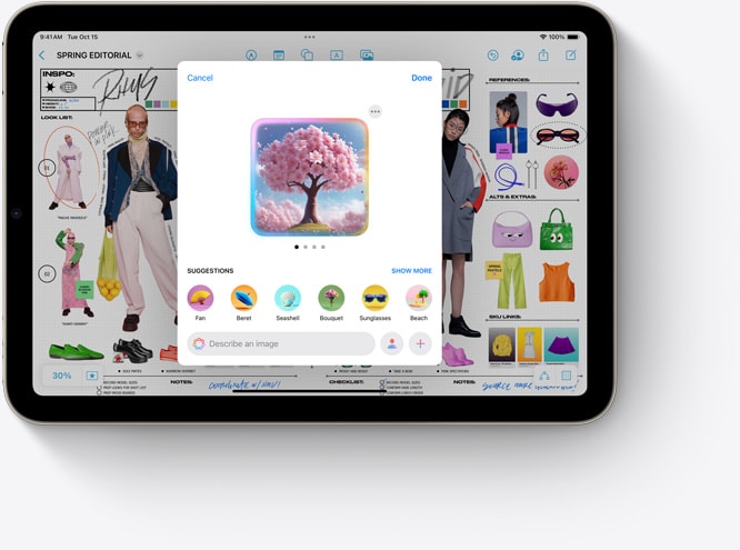 iPad minissä näkyvillä Image Playground, uusi Apple Intelligencen ominaisuus käytössä Freeformin kanssa.