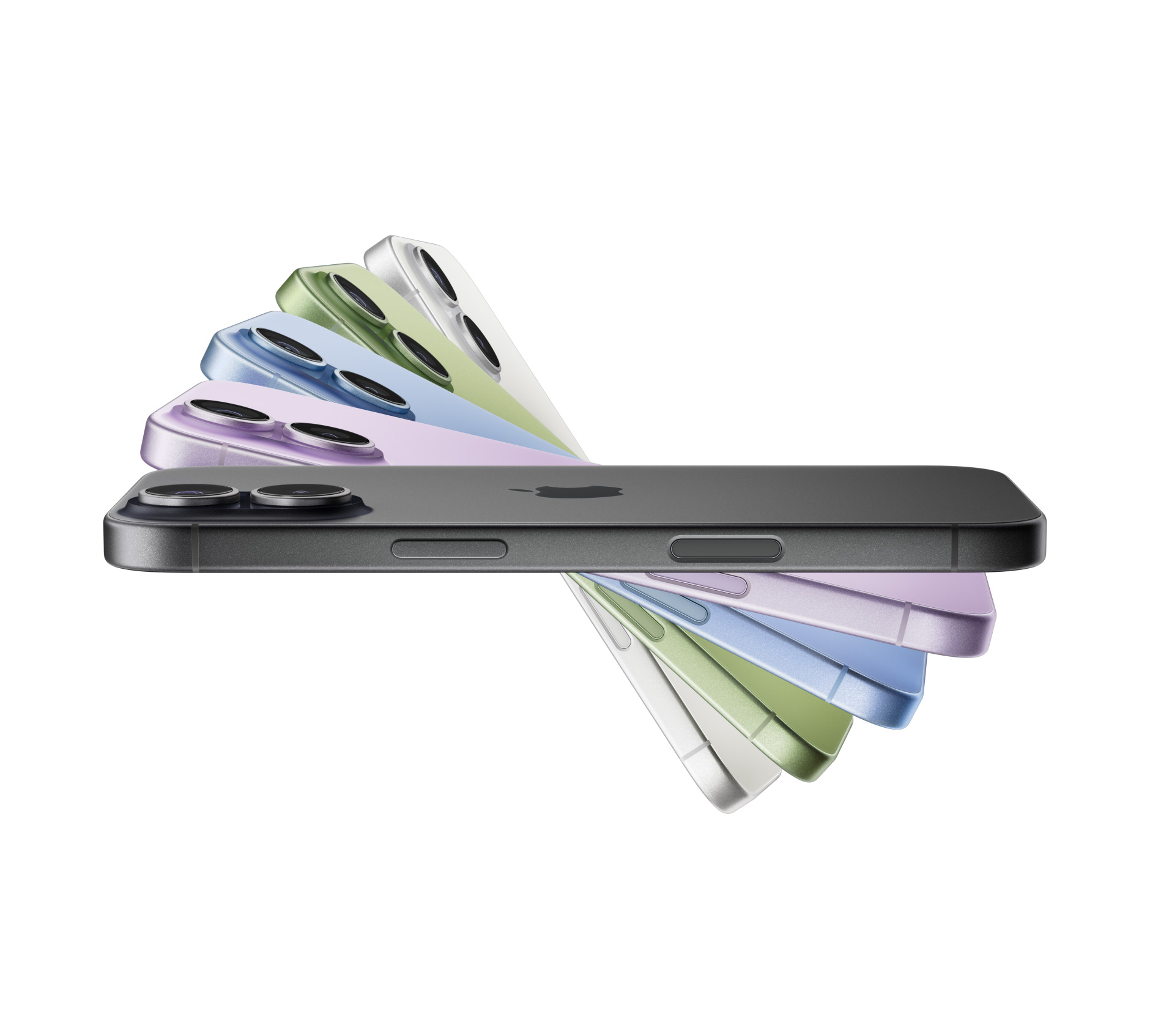 Dispositivos iPhone 17 dispuestos en forma de abanico, colores: negro, lavanda, azul neblina, verde salvia y blanco