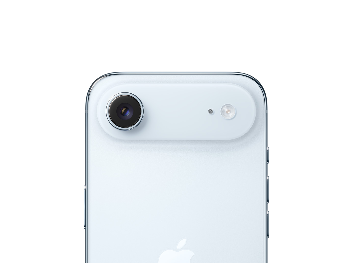 Himmelblå iPhone Air vist bagfra, Fusion-hovedkamerasystem øverst