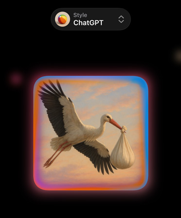 Ecrã com Genmoji de uma cegonha realista a carregar uma trouxa no bico e a mostrar opções de estilos de imagem personalizados do ChatGPT