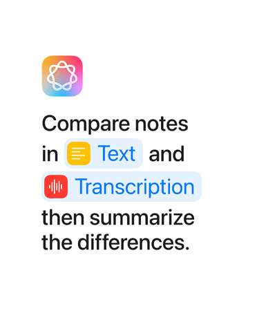 Compare notas no Texto e transcrição e, em seguida, faça o resumo das diferenças, com as palavras “Texto” e “Transcrição” destacadas a azul, tal como deveriam aparecer na app Atalhos
