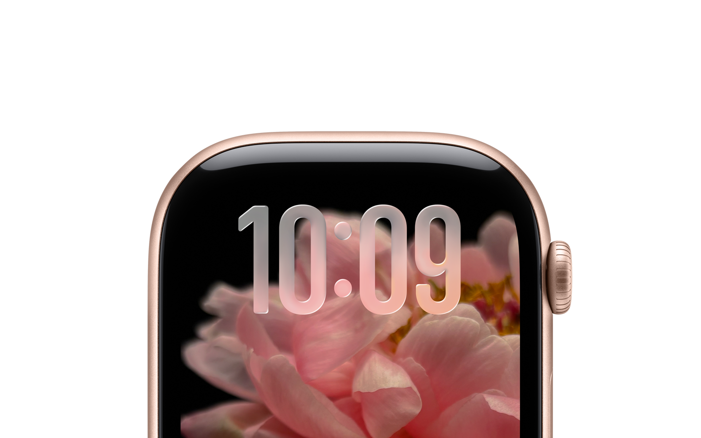 Apple Watch i rosaguld uden rem, kun øverste del af urskiven, tidspunktet angivet med gennemsigtige Liquid Glass-tal øverst