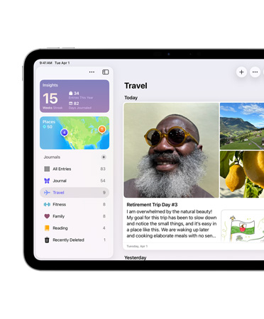 iPad na horizontal, o lado esquerdo da tela mostra o app Diário.