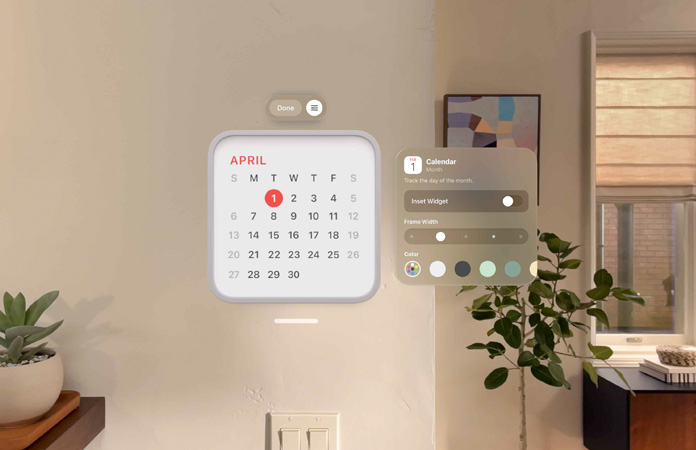 Calendar widget reading 1 April floats on wall, reminder widget floats above, to right, float personalisation options to change frame’s thickness and colour